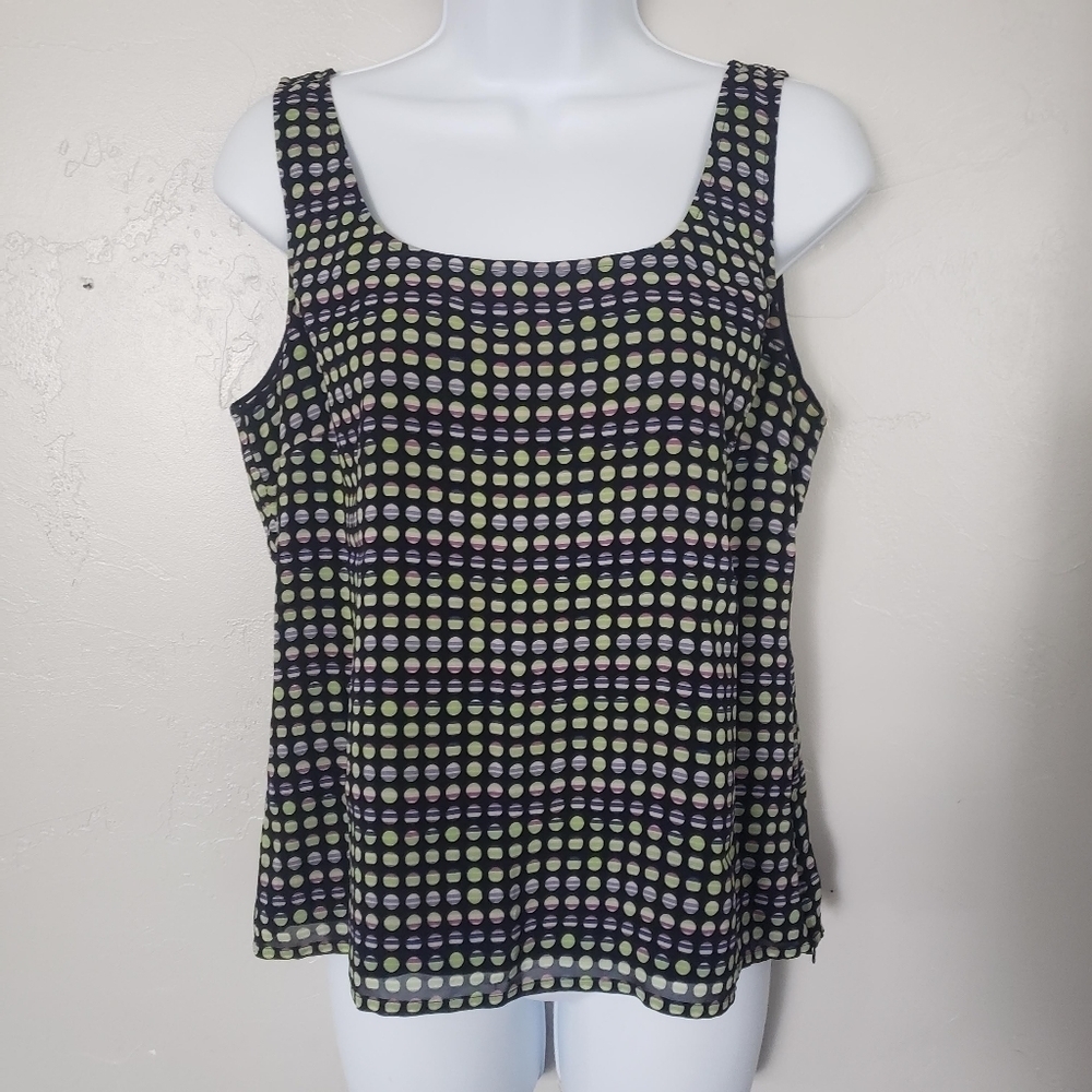 St. John Women's Small Black Sleeveless Blouse Colorful Circles Print Zip Side